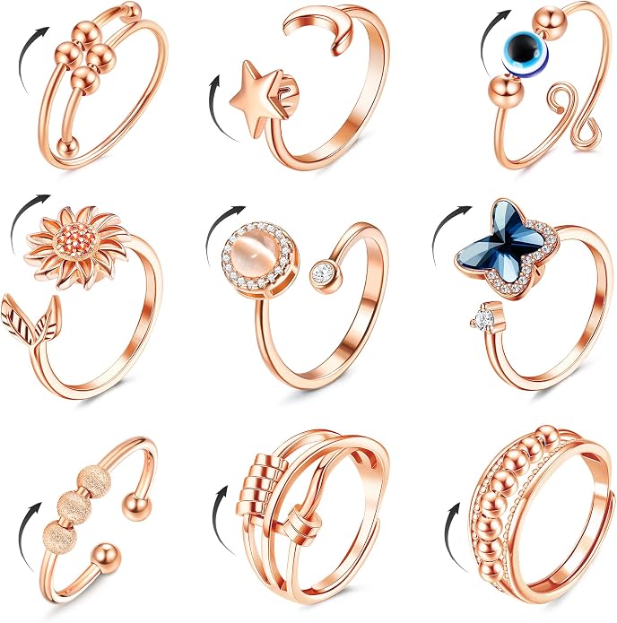 FIBO STEEL 9 Pcs Fidget Anxiety Rings for Women Men Spinner Rings for Anxiety Relieving Stress Open CZ Flower Moon Star Anti Rotatable Rings Adjustable