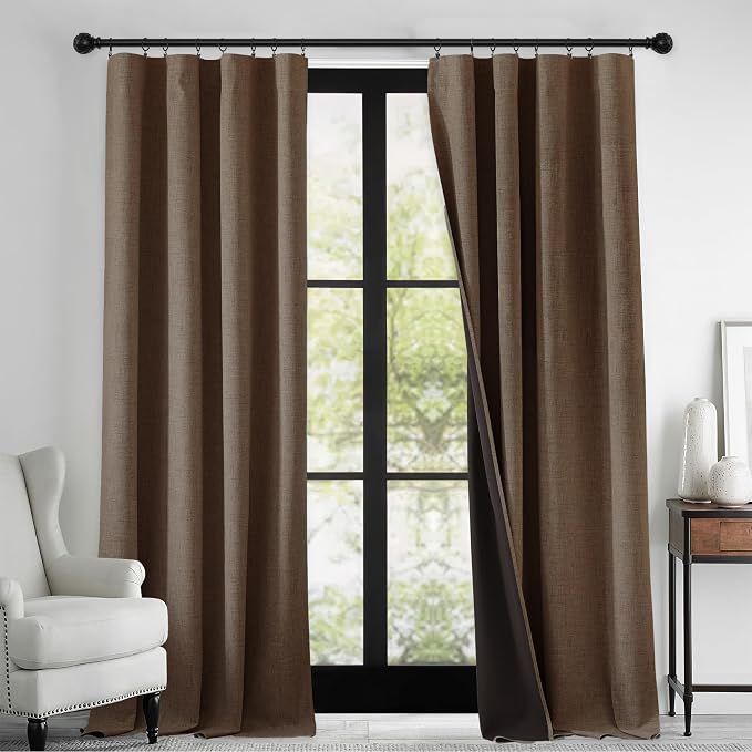RYB HOME 100% Blackout Linen Textured Curtains 108 inches Long, Thermal Insulating Privacy Energy Saving for Bedroom Living Room Window Office Theater Patio Door, W52 x L108, Brown, 2 Panels