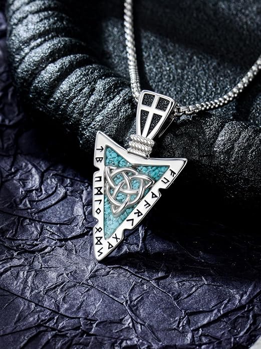 Viking Turquoise Arrowhead Necklace for Men Celtic/Evil Eye/Ankh/Valknut/Compass Arrow Head Pendant Fathers Day Birthday Gifts