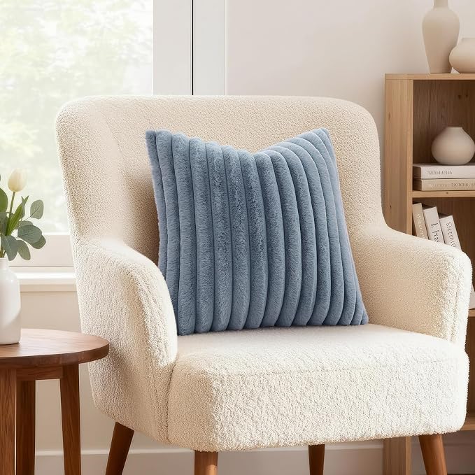 decorUhome Fall Faux Fur Throw Pillow Covers 20x20 Set of 2 Grey Blue | Decorative Soft Cozy Striped Plush Modern Farmhouse Boho Couch Pillow Cases Velvet Back for Sofa Bed Living Room Home Decor