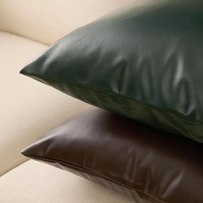 Encasa XO Faux Leather Throw Pillows Covers 24"x24" (Set of 2) | Dark Brown Decorative Cushion Covers | Modern Farmhouse Pillow Cases for Outdoor, Living Room, Bedroom, Couch, Sofa