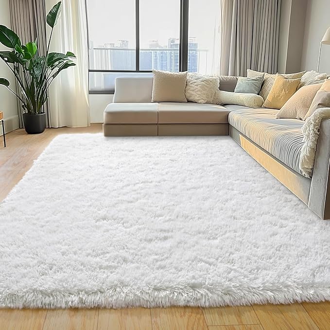 White Shag Rug for Bedroom, 4x5.9 Fluffy Area Rugs for Living Room | Nursery and Kids Room, Soft and Comfy, Fuzzy Bedside Carpet for Girls and Boys Dorm Home Decor Aesthetic, Non Slip