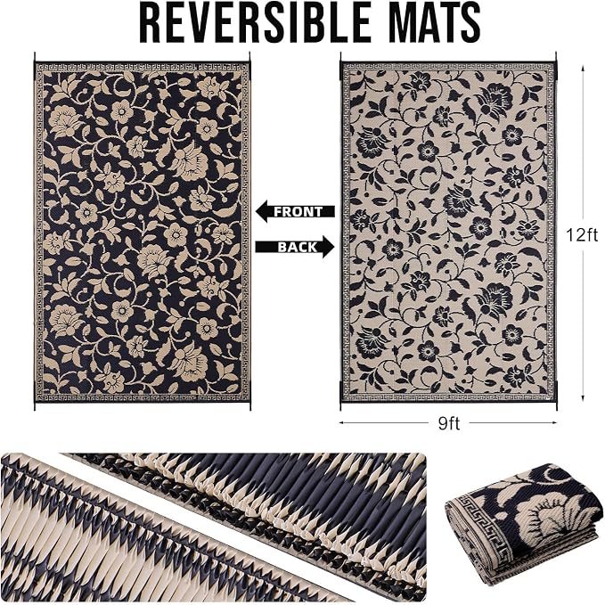 OLANLY Waterproof Outdoor Rug 9x12 ft, Outdoor Plastic Straw Rug with Flower Pattern, Reversible RV Mat for Patio, Camping, Balcony, Deck, Backyard, Black & Beige