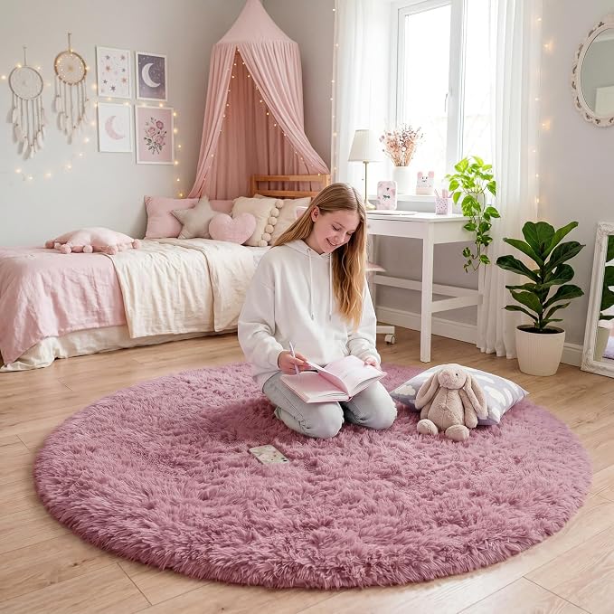 Amdrebio Mauve Pink Circle Round Rug 5Ft for Bedroom, Shaggy Fluffy Fuzzy Plush Cute Area Rugs for Baby Girls Kids Room Decor Aesthetic, Dusty Rose Blush Carpet for Nursery Dorm Playroom Classroom