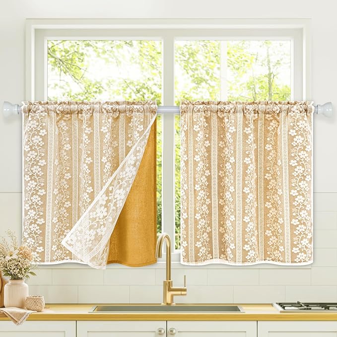 ASPMIZ Linen Kitchen Curtains Double Layer Kitchen Window Curtains Over Sink 24 Inch Mustard Yellow Tier Curtain Light Filtering Rod Pocket Cafe Curtain Short Window Treatments with 2 Tiebacks, 26x24