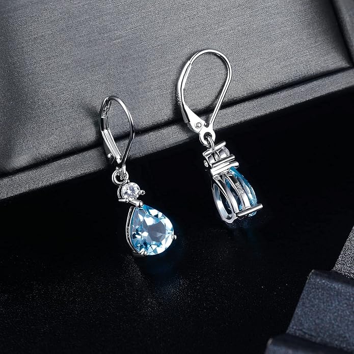 925 Sterling Silver Blue Topaz/Amethyst/Rainbow Quartz CZ Teardrop Leverback Earrings Drop Dangly Gemstone Earings Hypoallergenic Birthday Jewelry Gifts for Women