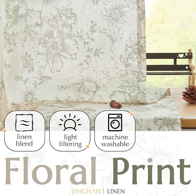 jinchan Green Floral Linen Curtains 63 Inch Farmhouse Back Tab 2 Panels | Light filtering drapes, semi sheer, farmhouse, cottagecore, rustic, living room, bedroom, rod pocket, window treatment