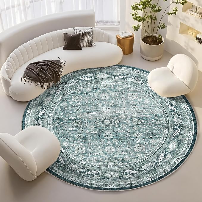 OPPODREAM Vintage Teal Round Rug 8ft, 8 ft Retro Washable Circle Rug Non Slip, Low-Pile Faux Wool Circular Carpet, Distressed Floor Mat for Living Room, Bedroom, Office, Dorm, Dinning Room
