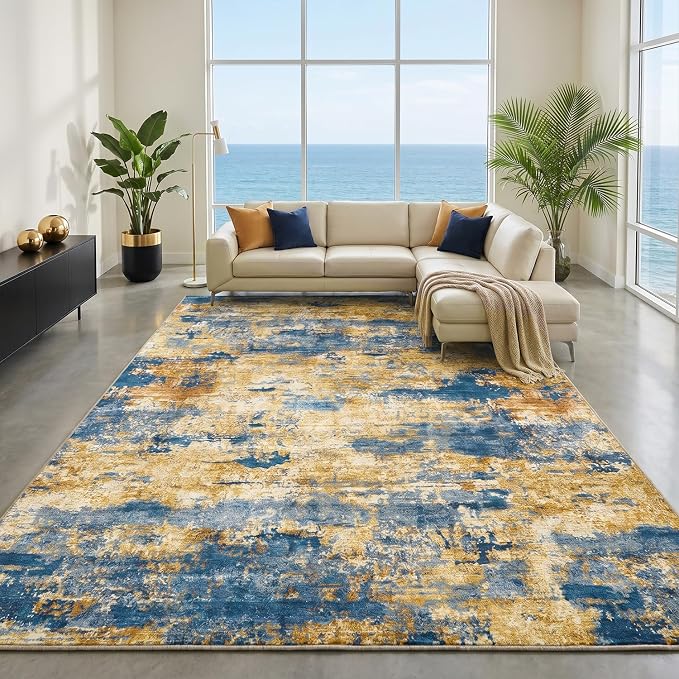 Abstract Washable Area Rug, 6'x9', Navy & Gold | 0.3" Low Pile Carpet, 100% Cotton-Backed, Non-Slip Silicone Backing, Stain & Water Resistant, Pet & Kid Friendly
