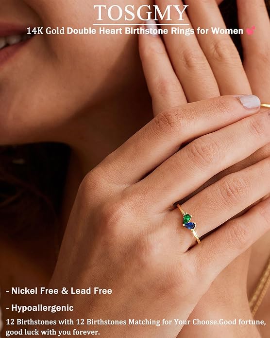 Mothers Day Gifts Gold Heart Birthstone Rings for Women Non Tarnish Stackable Pinky Ring Dainty 14K Gold Plated CZ Gemstone Ring Wedding Promise Ring Birthday Jewelry Gift for Mom