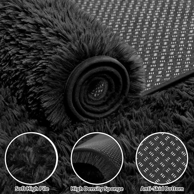 Area Rug for Living Room Bedroom: 5x7 Soft Fluffy Shag Rugs Upgrade Non-Slip High Pile Carpet Large Fuzzy Plush Indoor Floor Shaggy Carpets for Nursery Kid Playroom Office Dorms Home Decor Black