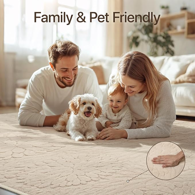 GENIMO Soft Washable Area Rugs 6x9, 3D Modern Floral Rugs for Living Room, High-Low Pile Textured Non Slip Fuzzy Shag Carpet, Non-Shedding Stain Resistant Thin Beige Rugs for Bedroom, Dining Room