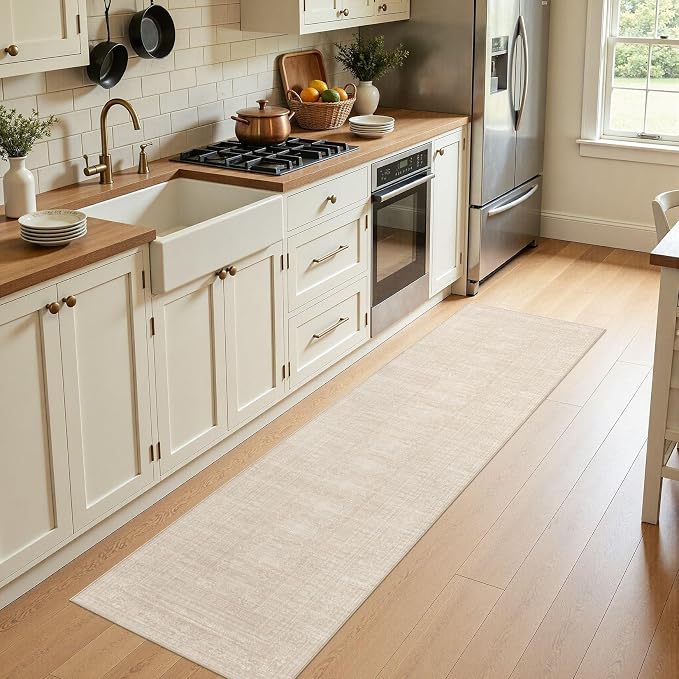 Nakagishi Washable Runner Rug 2x8: Vintage Neutral Non-Slip Entryway Rug for Hallway & Kitchen, Soft Low Pile Floor Carpet for Bedroom - Beige
