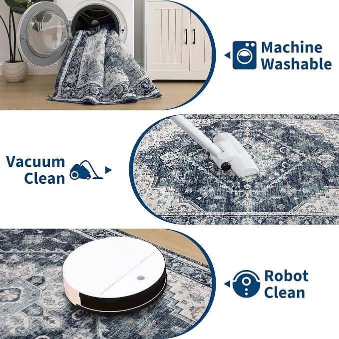 Garvee Navy Blue 10x13 Area Rugs for Living Room, Boho Vintage Non-Slip Washable Rug Low Pile Stain Resistant Soft Foldable Large Carpet for Bedroom Dining Home Decor