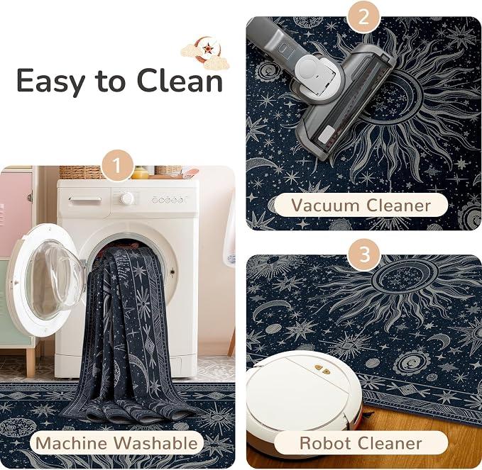 Vacuum-Friendly, 2x3 Washable Area Rug, Blue Gray White | Sun and Moon Boho Gothic Non-Slip Low Pile Living Roon Bedroom Dining Room Kitchen Entry Entryway Entrance Hallway Doormat