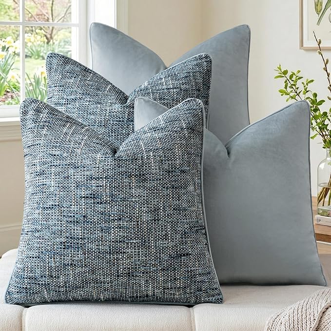 a moment Light Blue 4 Pack Throw Pillow Covers - Chenille & Velvet Set with Piping, Farmhouse Textured Design Pillow Cases for Couch Sofa Bed Livingroom (18x18 Inch, No Insert)