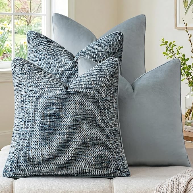 a moment Light Blue 4 Pack Throw Pillow Covers - Chenille & Velvet Set with Piping, Farmhouse Textured Design Pillow Cases for Couch Sofa Bed Livingroom (22x22 Inch, No Insert)