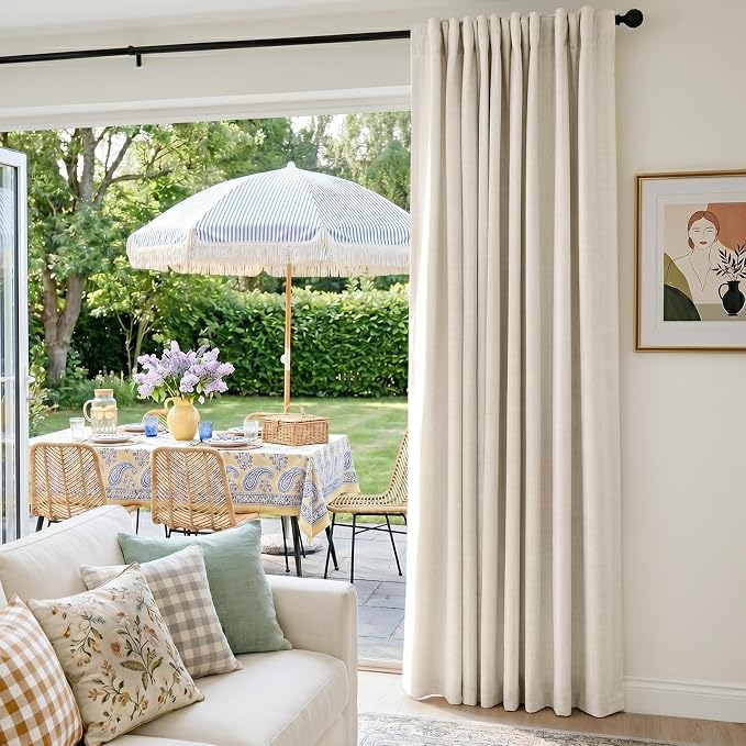 INOVADAY 100% Blackout Sliding Door Curtains, Extra Wide Curtains for Sliding Glass Doors, Back Tab/Rod Pocket Sliding Glass Door Curtains, Thermal Insulated Window Drapes - Cream, W102 X L84