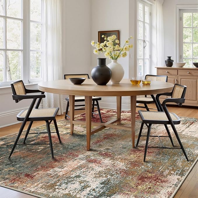 RELEANY Washable Area Rugs 6'x8' Non-Slip Modern Abstract Soft for Living Room Entryway Bedroom Kitchen, Print Pattern, Brown Rust Red Green Blue Multi