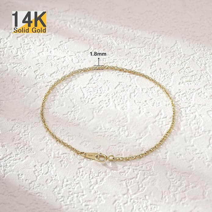 1.8mm Singapore Chain Bracelet for Women, 14K Gold Rope Link, 6-7 in | Dainty twisted rope chain bracelet | Hypoallergenic & Non-tarnish | Layering minimalist jewelry gifts
