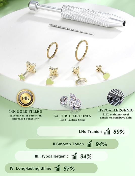 Drperfect 18G Reversible Flat Back Stud Earrings for Women Hypoallergenic Surgical Steel 14K Gold Silver Plated Internal Thread Stud Piercing Jewelry for Tragus Helix Cartilage Conch Piercing