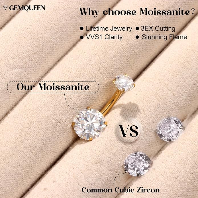 GEMQUEEN Moissanite ＆ G23 TItanium Belly Button Ring 18K Gold Plated Hypoallergenic Internally Threaded Belly Rings 14G Navel Piercing Jewelry For Women Men D Color VVS1 Clarity Brilliant Cut