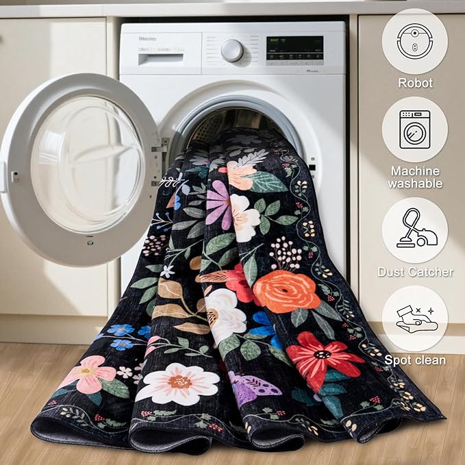 Runner Rug for Entryway: 2.6x10 Kitchen Rugs Non Slip Washable Ultra-Thin Soft Floral Carpet Indoor Floor Stain Resistant Carpets for Hallway Bedroom Kitchen Laundry Bathroom Dorm Black