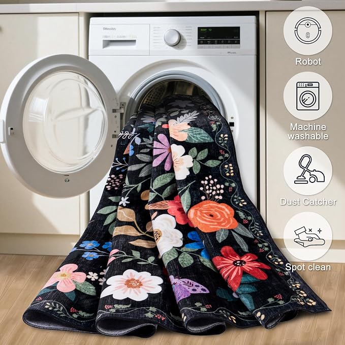 Area Rug Living Room Rugs: Floral 5x7 Washable Rug Vintage Soft Boho Non-Slip Carpet Indoor Floor Stain Resistant Large Carpets for Bedroom Dining Room Farmhouse Nursery Hallway Home Office Black