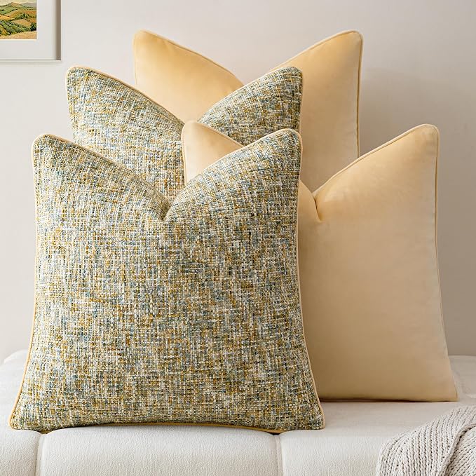 a moment Yellow 4 Pack Throw Pillow Covers - Chenille & Velvet Set with Piping, Farmhouse Textured Design Pillow Cases for Couch Sofa Bed Livingroom (20x20 Inch, No Insert)