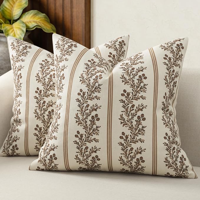 Vintage Throw Pillow Covers 24x24 Set of 2, Striped Floral Pillow Cover Botanical Patterned Decorative Cushion Covers Modern Farmhouse Home Decor for Sofa Couch Bed Living Room, Mocha Brown