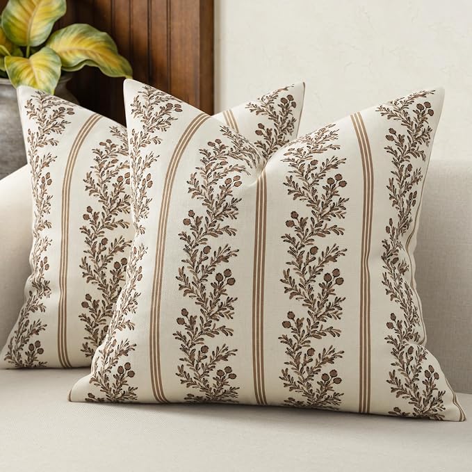Vintage Throw Pillow Covers 18x18 Set of 2, Striped Floral Pillow Cover Botanical Patterned Decorative Cushion Covers Modern Farmhouse Home Decor for Sofa Couch Bed Living Room, Mocha Brown
