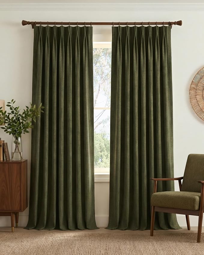 NICETOWN Linen Pinch Pleated Curtains - 90 inch Long with Hooks, Vintage Olive Dark Green 395GSM Room Darkening Wrinkle Resistant Drapes for Bedroom, Modern Home Decor (40" Wide, 2 Panels)