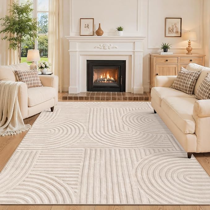 Ciicool 5x7 Area Rug for Living Room,Beige Washable High-Low Pile Carpet | Large Modern Textured Soft Fluffy Non Slip Mat Stain Resistant Non Shedding Geometric for Kids Bedside Bedroom Dining Room