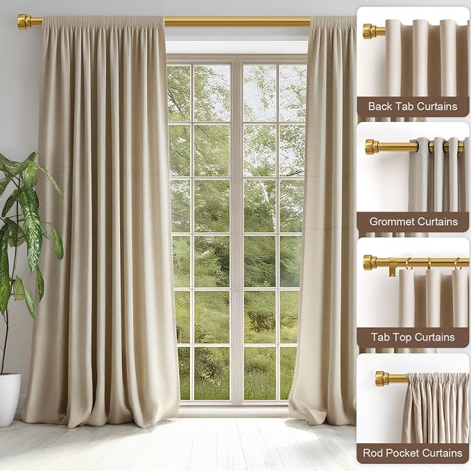Lootkell 2 Pack Gold Curtain Rods Set for Windows 48 to 84 Heavy Duty 1" Diameter Adjustable Window Single Rods with Solid Metal Finials for Bedroom Living Room Kitchen Farmhouse