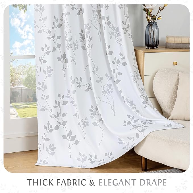 Beauoop Floral 100% Blackout Curtains for Bedroom Grey White 52X96 2 Panels | Flower Patterned Room Darkening Drapes for Living Room 96 Inches Long Thermal Insulated Soundproof Window treatment Grommet