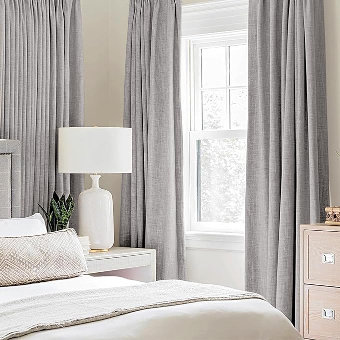 MIULEE Linen Texture Curtains for Bedroom Solid 100% Blackout Thermal Insulated Light Gray Curtains Grommet Room Darkening Drapes for Living Room 52x63 Inch (2 Panels)