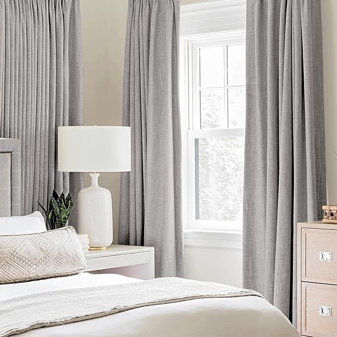 MIULEE Linen Texture Curtains for Bedroom Solid 100% Blackout Thermal Insulated Light Gray Curtains Grommet Room Darkening Drapes for Living Room 52x54 Inch (2 Panels)
