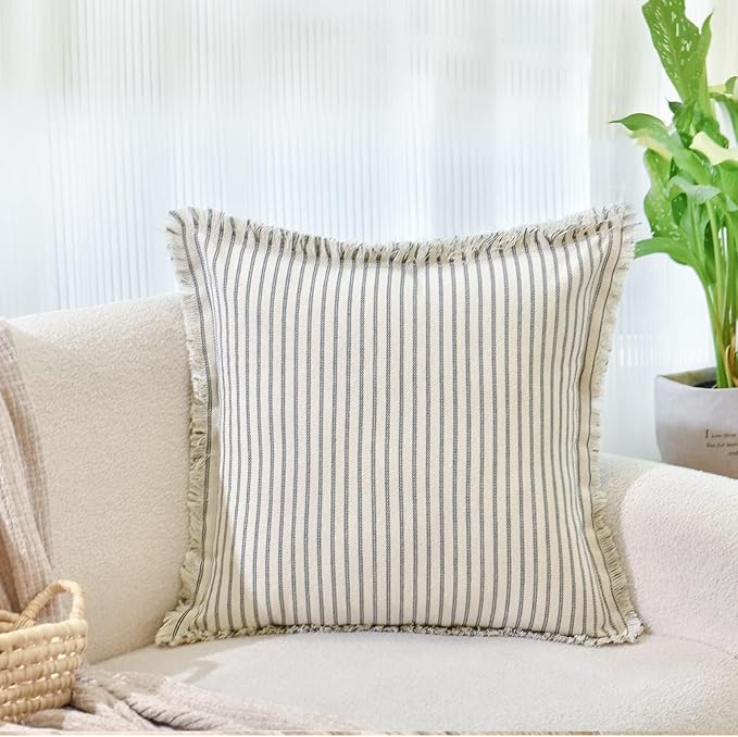 ZWJD Throw Pillow Covers 16x16 Set of 2 Striped Pillow Covers with Fringe Chic Cotton Decorative Pillows Square Cushion Covers for Sofa Couch Bed Living Room Farmhouse Decor, (Gray)