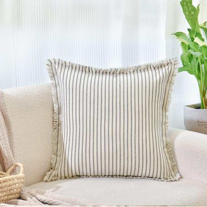 ZWJD Throw Pillow Covers 26x26 Set of 2 Striped Pillow Covers with Fringe Chic Cotton Decorative Euro sham Pillows Square Cushion Covers for Sofa Couch Bed Living Room Farmhouse Decor, (Gray)