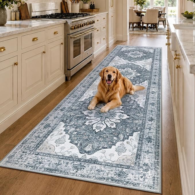 RELEANY Area Rugs Runner 3'x10' Washable Non-Slip, Floral Vintage Distress Medallion Carpet for Kitchen Hallway Bedroom Beside Laundry Room Bathroom, Light Gray Grey White