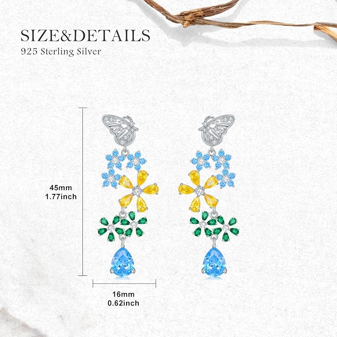 925 Sterling Silver Colorful Chandelier Teardrop Dangle Earrings Statement Flower Stud Earrings for Women Party Prom