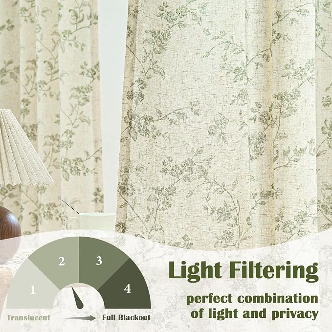 Lazzzy Green Floral Linen Curtains 63 Inch Farmhouse Back Tab Drapes for Living Room Bedroom Light Filtering Vintage Grandmillennial Rod Pocket Curtains, 2 Panels, W38 x L63, Green on Beige