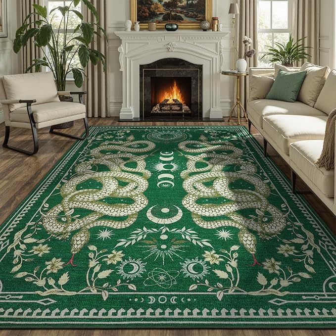DCX Washable 6x9 Snake Rug, Green Gothic Rug for Living Room, Soft Low Pile Carpet, Kid & Pet Friendly with Rubber Back Non Slip, Stain Resistant Rug for Bedroom Dining Room Office