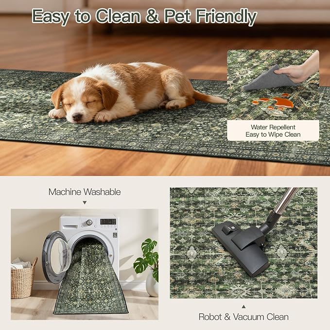 Lofus 3' X 8' Area Rug for Hallways,Green Washable Runner Rugs with Non Slip Rubber Backing, Low Pile Soft Carpet Runner for Kitchen Bathroom Bedroom Laundry