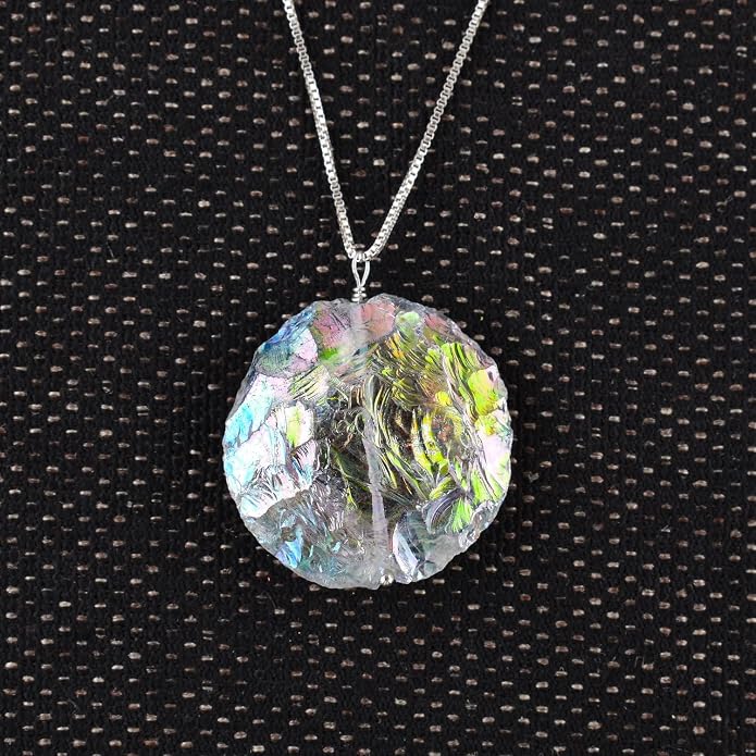 YANARA Aura Quartz Necklace For Women, April Birthstone, Natural Gemstone Rough, Raw Crystal Handmade Necklace, Chakra Healing Crystals, Silver Plated Chain 18 inch - Graduation Gift Jewelry