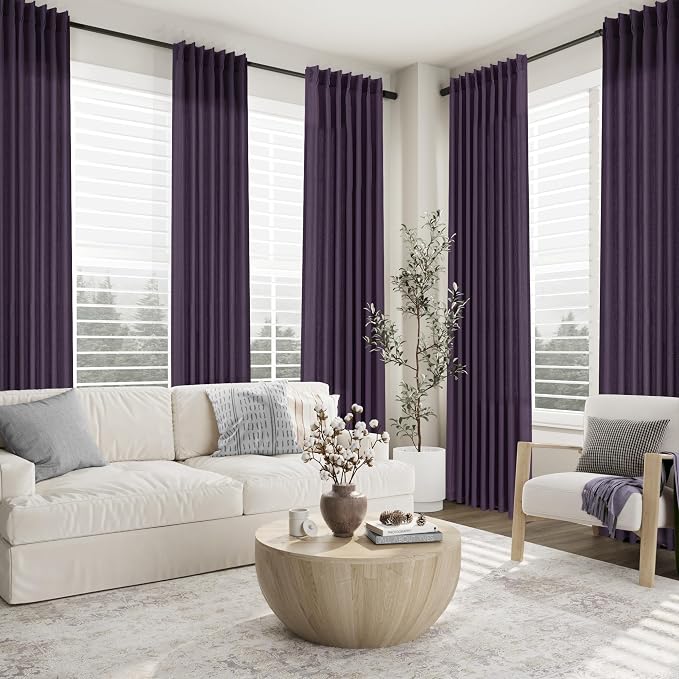 Aersas Plum Pinch Pleated Linen Curtains 108 Inch Length 2 Panels for Living Room Bedroom Semi Sheer Window Curtain Boho Neutral Back Tab Pinch Pleat Drape with Hooks 40x108