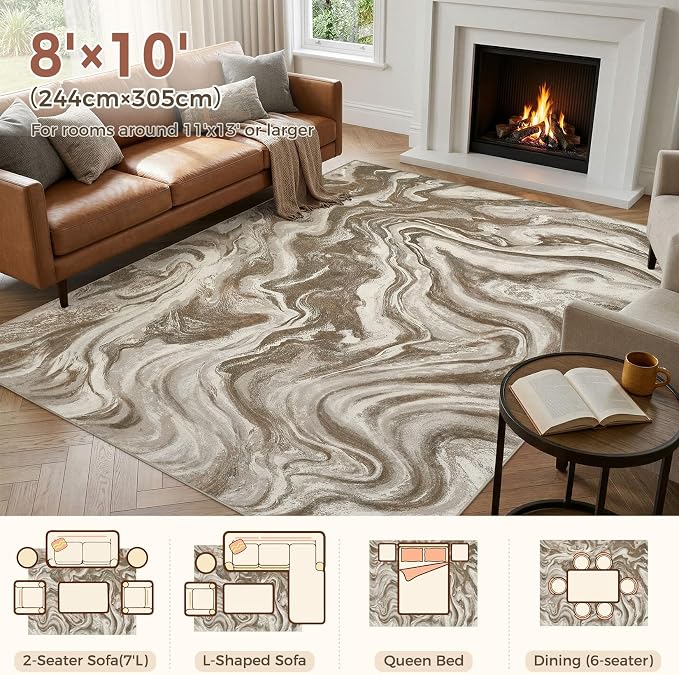 DMOYEST 8x10 Area Rug for Living Room:Washable Modern Neutral Abstract Rug with Low Pile Non Slip Soft Thin Large Indoor Carpet for Bedroom Dining Room Home Office Decor-Sand Brown