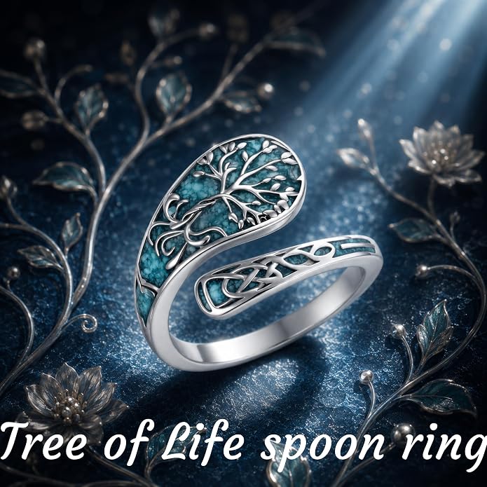 SNOWELLE Turquoise Spoon Rings S925 Sterling Silver Turquoise Adjustable Ring Jewelry Gift for Women Men