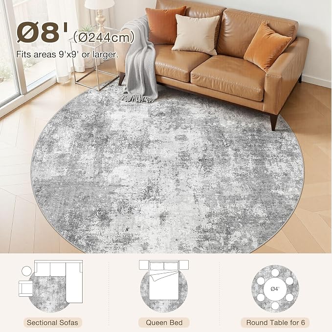 8ft Round Area Rugs for Living Room, 8x8 Washable Non Slip Soft Large Rugs for Bedroom Dining Room, Modern Abstract Low Pile Stain Resistant Carpet for Laundry Office Home Decor - Gray