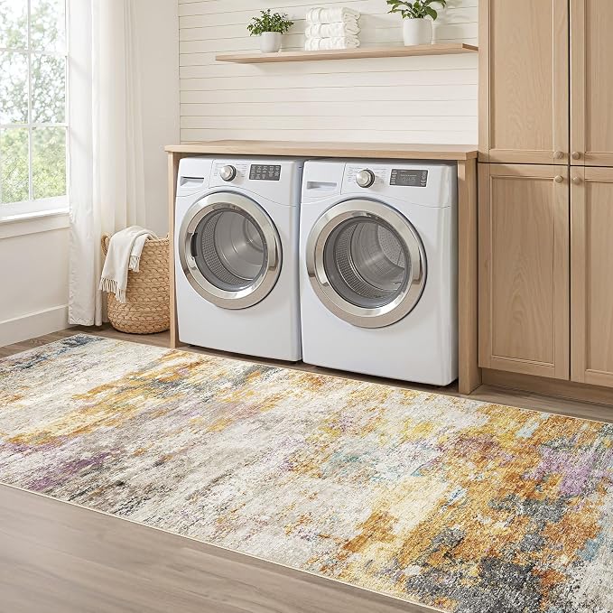 Runner Rug Kitchen Washable Rugs: 3x10 Non-Slip Abstract Soft Modern Stain Resistant Indoor Floor Neutral Accent Throw Carpet for Hallway Bathroom Laundry Room Entryway Bedroom- Gold Colorful